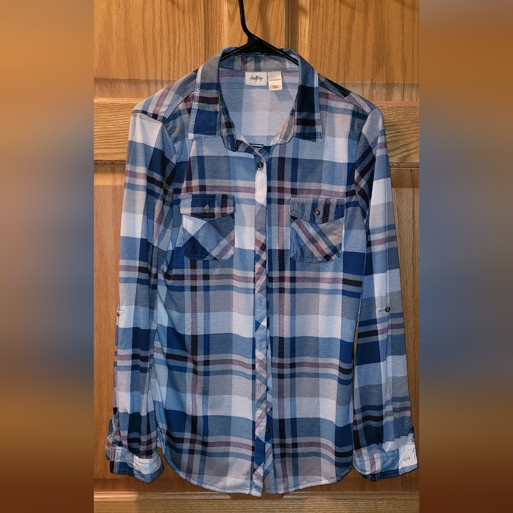 NWOT DAYTRIP PLAID FLANNEL TOP SHIRT WOMENS LARGE BURGUNDY WHITE TEAL NICE